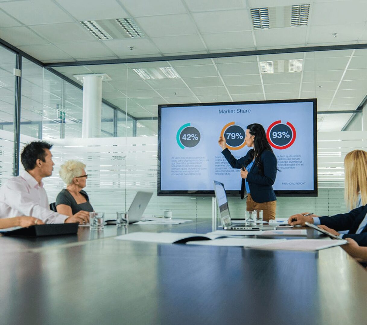 Business presentation with market share charts