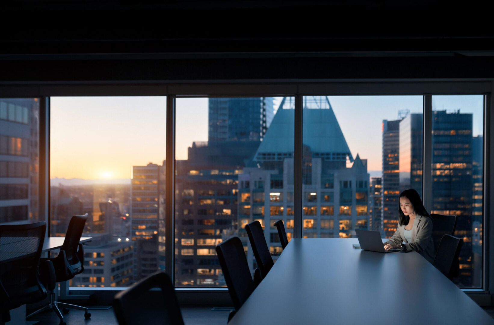 Woman working late in office at sunset.